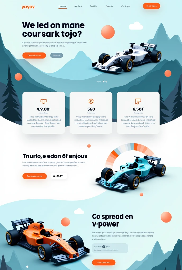 "An organic homepage design for 'Yoy' targeting B2B Latin American audiences. The celeste background (#4594CB) features white text (#FFFFFF) for headings, with vibrant orange (#FF6F00) accents for buttons and highlights. Stylized mountains inspired by the Andes connect with Latin American landscapes. The 'V-Power' concept adds a tech-savvy edge, inspired by Formula 1 energy and early 90s Nintendo aesthetics. The layout is modern, clean, and welcoming."