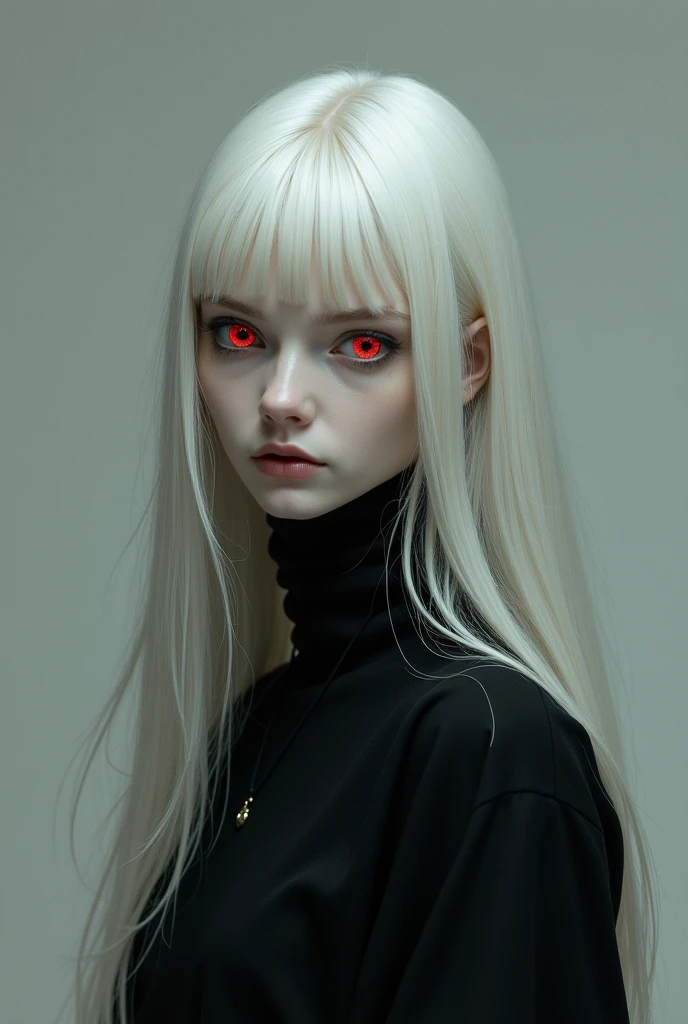 a girl with long white hair, Her skin is pale white and she has red eyes.,She is dressed in black, has a serious expression. semirealism
