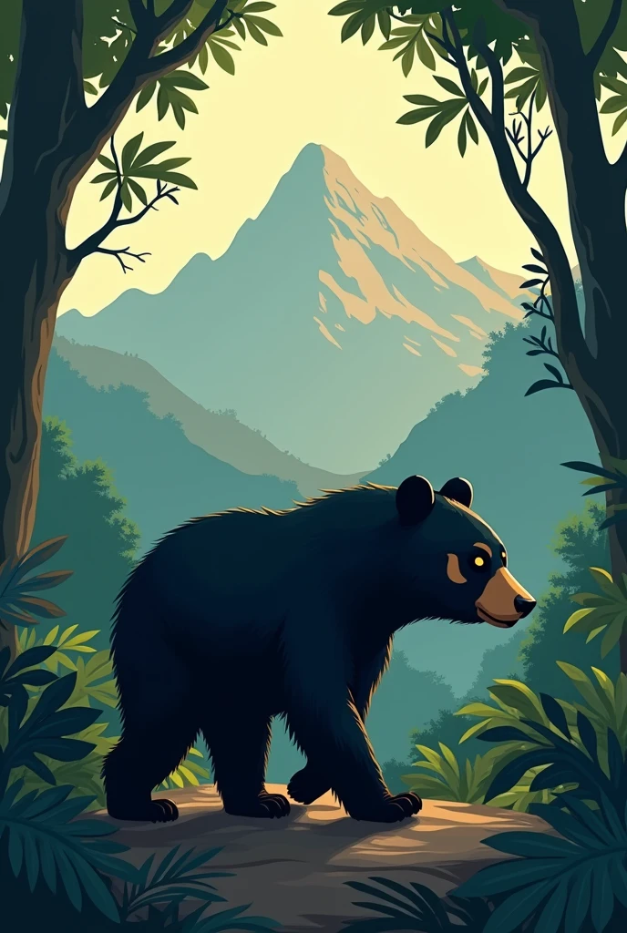 Logo of a small black bear with lead spots on its eyes walking in the jungle with mountains in the background in the shape of a sleeping woman
