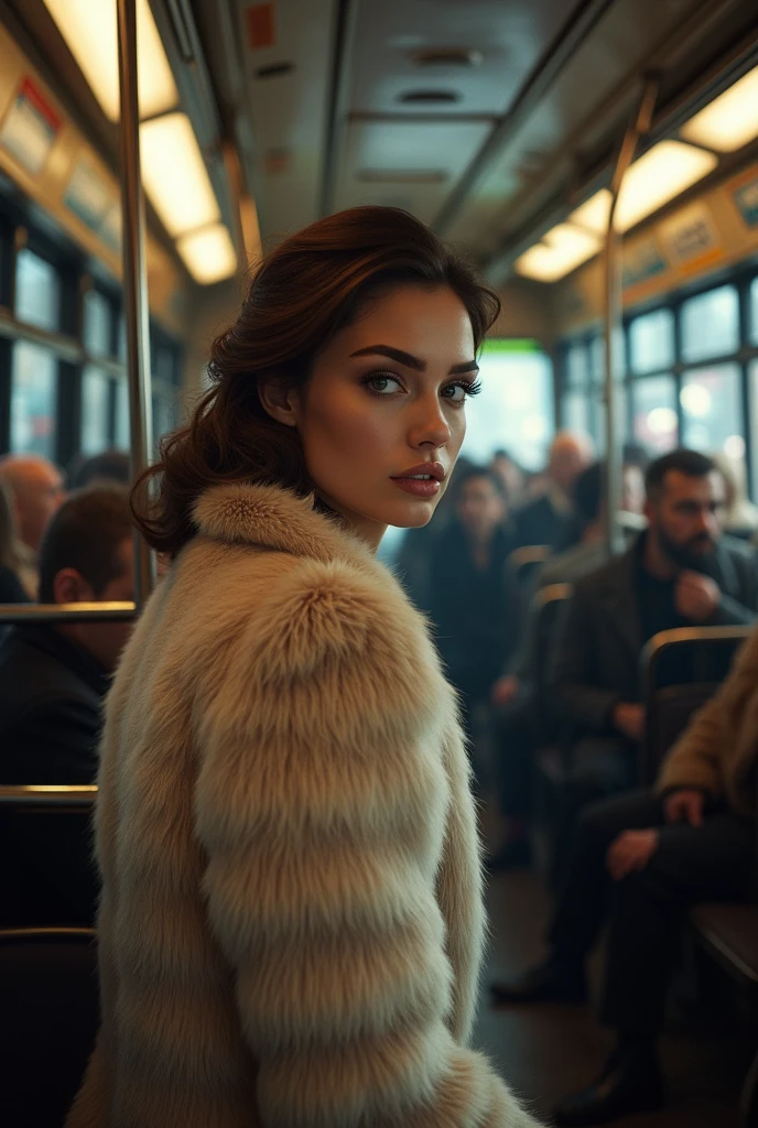 Beautiful woman wears a fur coat in the bus and looks deep into my eyes