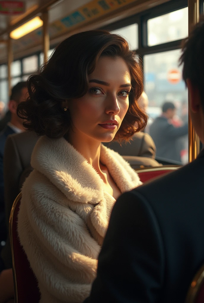 Beautiful woman wears a fur coat in the bus and looks deep into my eyes