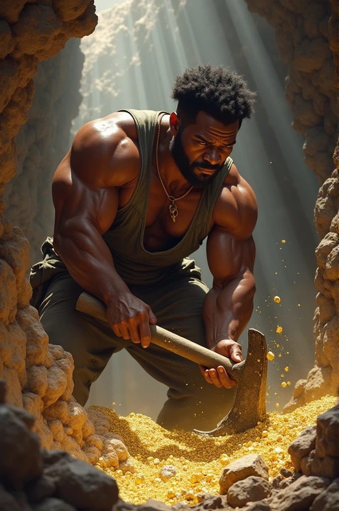 Black man working in a gold mine with his pickaxe