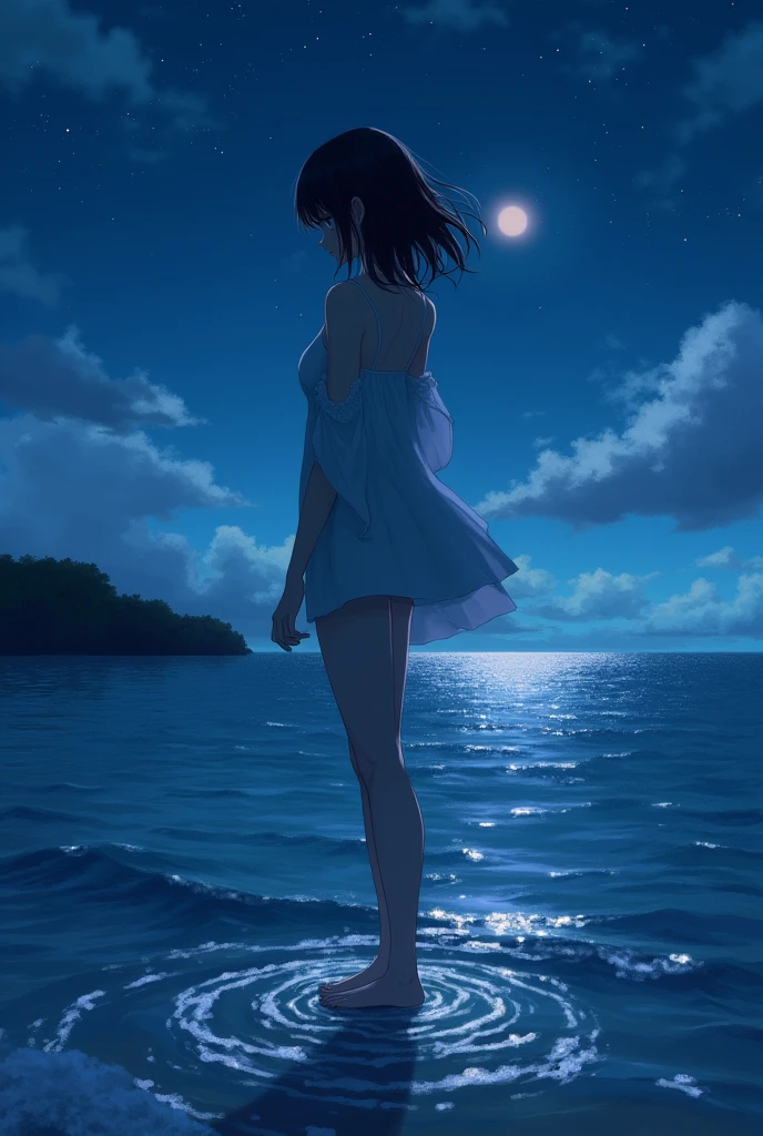 (close up:1.4)、(RAW photos:1.2)、(Reality:1.4)、(masterpiece:1.3)、(best quality:1.4)、Japanese Girls、(Night view:1.2)、Thin clothes、pretty girl、Put one foot in the sea、Stand on tiptoe、landscape、Between the horizon and the sea、Look sideways、Ripples spread from the toes、Stand about 20 meters away、on the sea、The whole scene is shining、illumination、