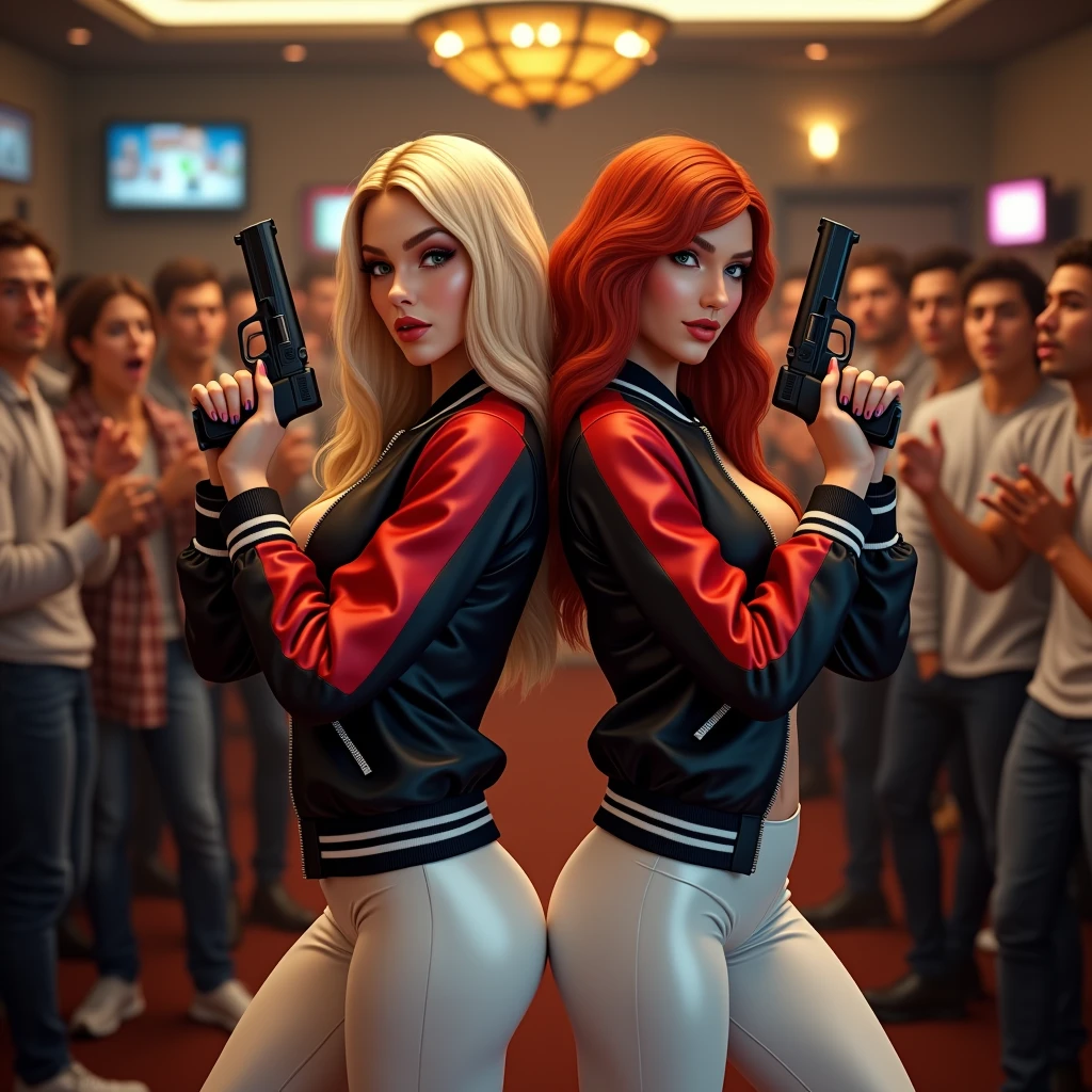 wide depth of field, wide depth of focus, f/11 lens setting, all objects in focus, full color image, 2 laughing women standing back to back, posing with pistol held strait up by face, looking at camera ,large fraternity house game room, full body image, (two tone red and black short cropped satin bomber jackets with white trim, white satin leggings), women posing with a pistol held up by face, long flowing hair (one blonde, one redhead), confidant smile, pure form, intricate details, 8K post-production, high resolution, super detailed, Popular topics on Artstation,, Studio photos, intricate details, Very detailed, she stands in the middle of the room and she is surrounded by a large (all male) group of cheering young men wearing jeans and t-shirts who are all standing behind the women and looking at the women