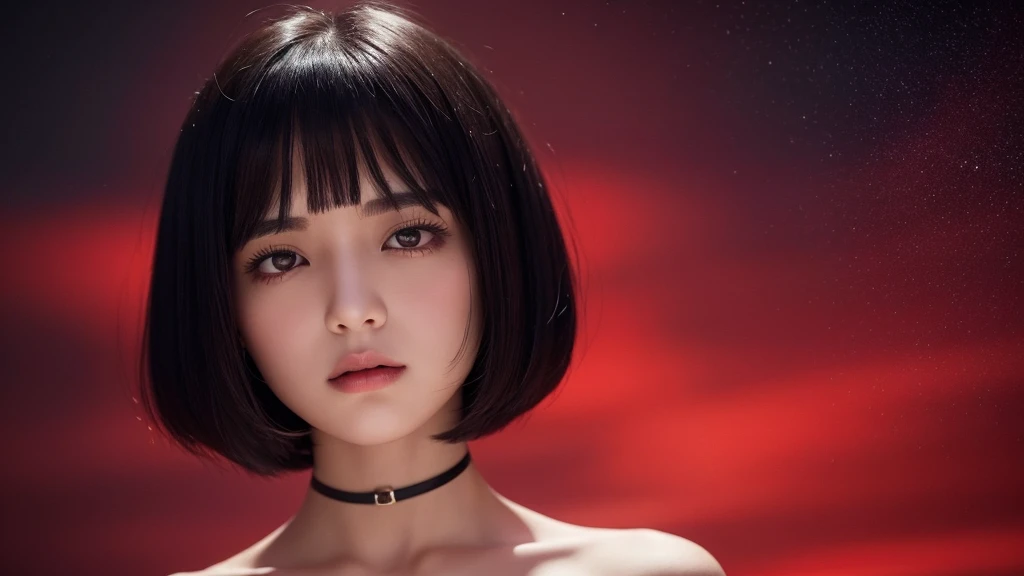 Delicate and dainty young woman with shiny bob-cut black hair . She is wearing bright red. The background is a fantastic and ethereal night sky that seems to be haunted by a specter. Her expression is stern and atmospheric. Angle from directly below.