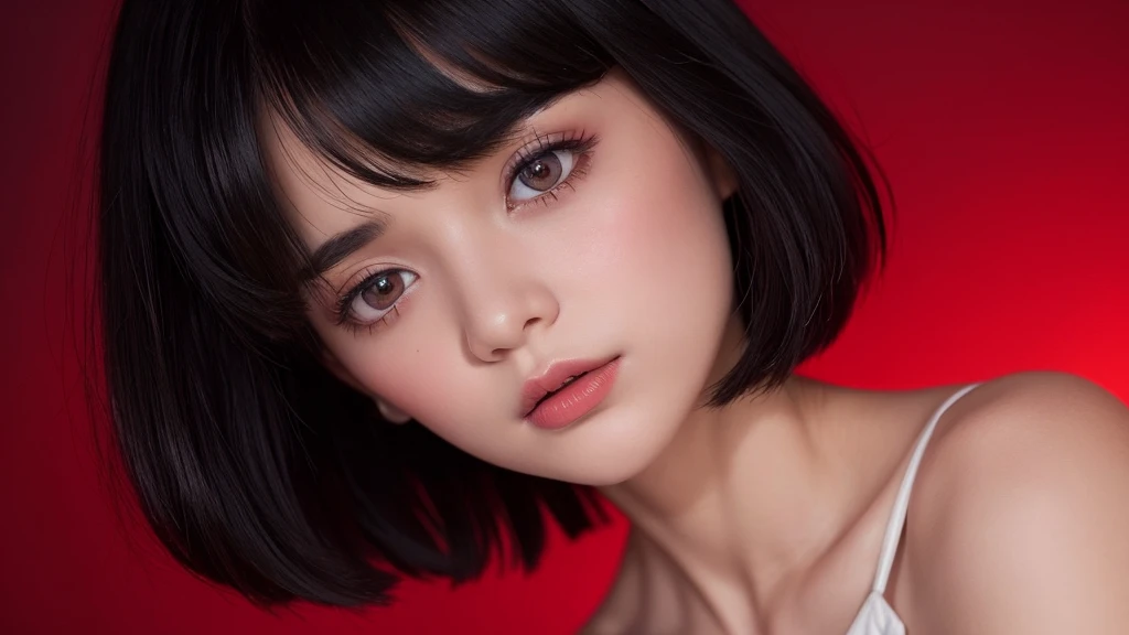 Delicate and dainty young woman with shiny bob-cut black hair . She is wearing bright red. The background is a fantastic and ethereal night sky that seems to be haunted by a specter. Her expression is stern and atmospheric. Angle from directly below.