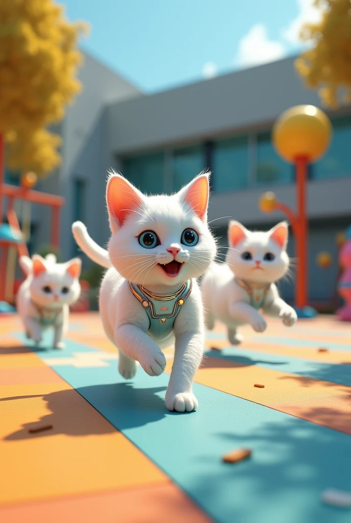 White ai cats playing in play ground in school