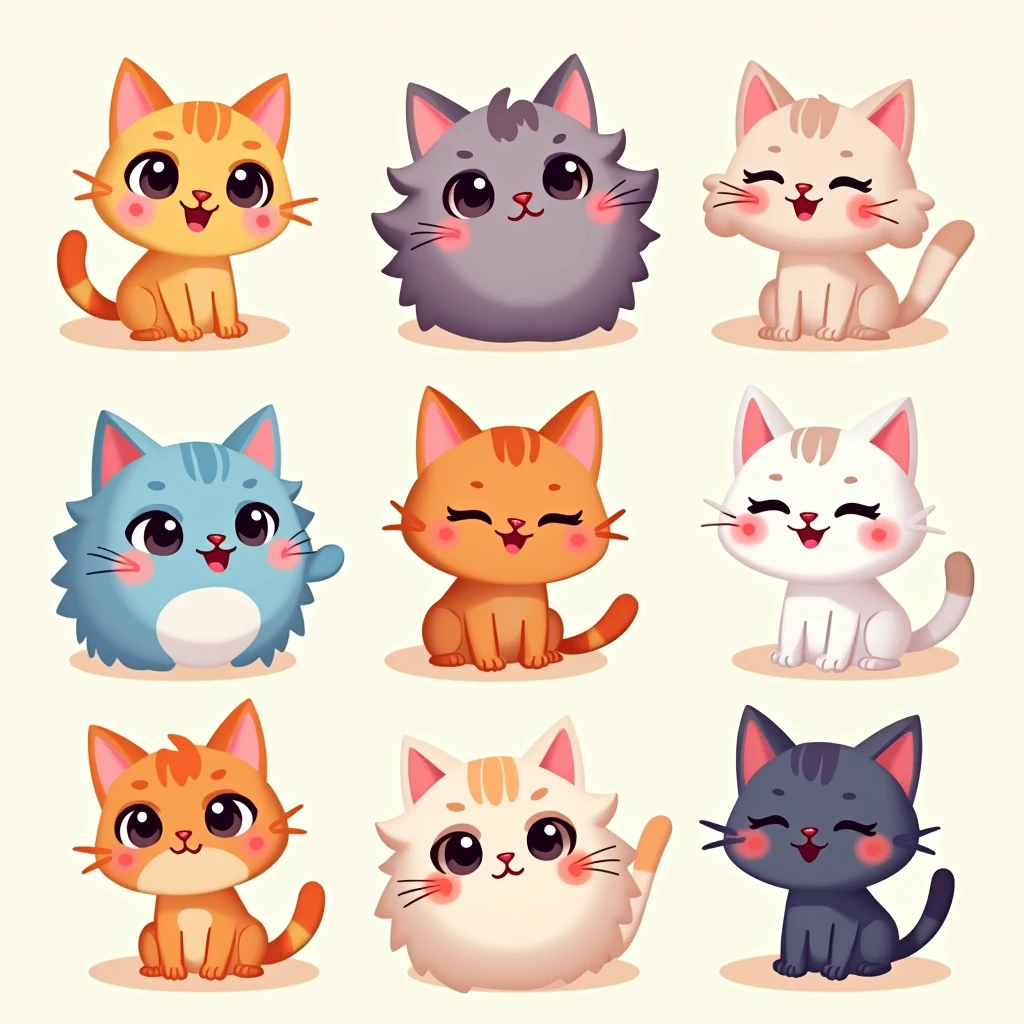 Create a 9x9 grid of sprites, Make sure, that it is even. We will use these sprites to create gif animation.. This should be a cute cat sprite, the cat expresses some emotion. Only all the cats are different colors and different levels of fluffiness. Each sprite must be different from the previous one.