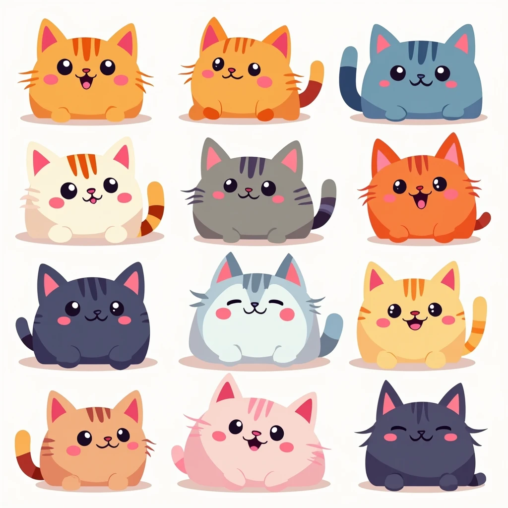Create a 9x9 grid of sprites, Make sure, that it is even. We will use these sprites to create gif animation.. This should be a cute cat sprite, the cat expresses some emotion. Only all the cats are different colors and different levels of fluffiness. Each sprite must be different from the previous one.