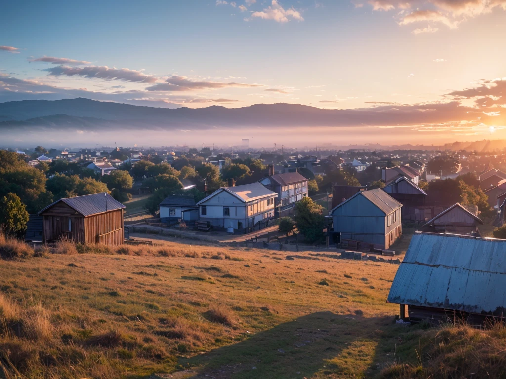 morning in the village, frost on the grass, a decrepit fence made of small slats, an old small house with a chimney, a very beautiful sunrise, professional photo, beautiful, realistic, 8k, high detail, high resolution
