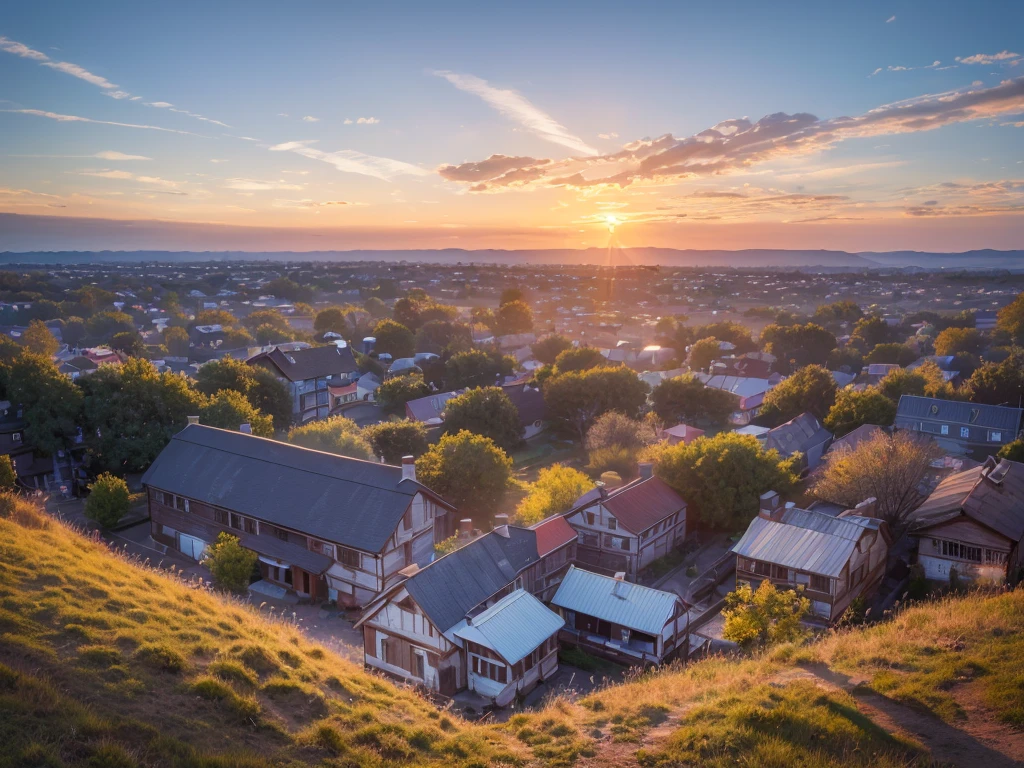 morning in the village, frost on the grass, a decrepit fence made of small slats, an old small house with a chimney, a very beautiful sunrise, professional photo, beautiful, realistic, 8k, high detail, high resolution