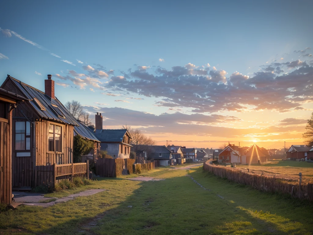 morning in the village, frost on the grass, a decrepit fence made of small slats, an old small house with a chimney, a very beautiful sunrise, professional photo, beautiful, realistic, 8k, high detail, high resolution