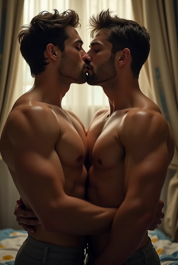 Two male characters of similar appearance kissing
