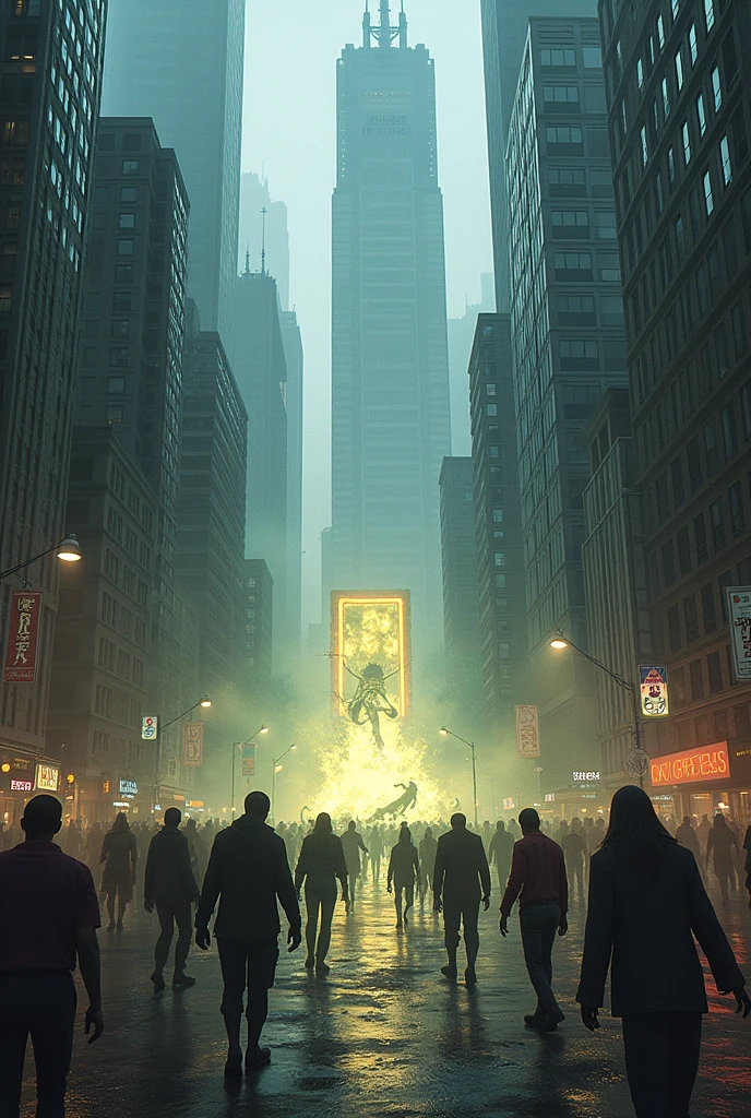 a big company in the city and on the street a portal coming out zombies and animals