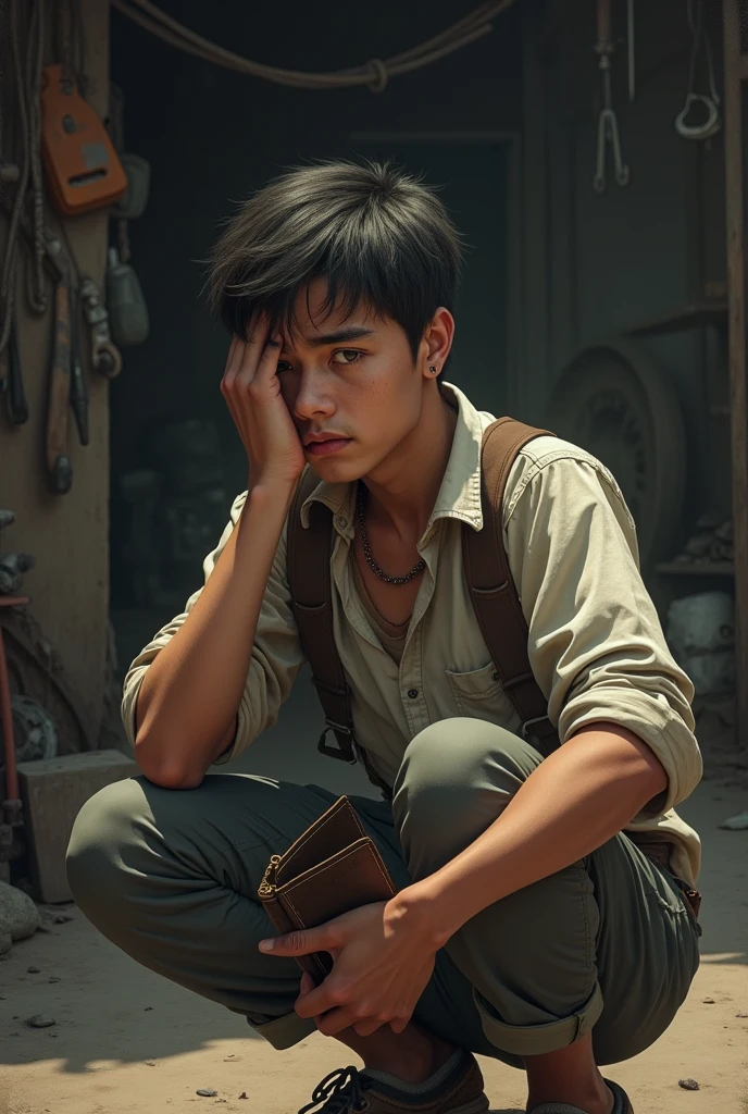 Young man crying, holding a wallet without money in his hand in front of a workshop, lamenting his broken motorcycle