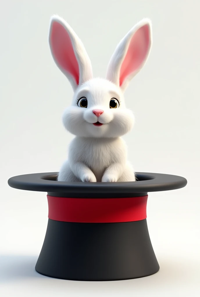 white rabbit coming out of a black magician's hat with a red band developer, facing us, 3d rendering, pixar style, (detailed digital art), stylized 3d rendering, c4d, (full height), high quality, composition, masterpiece, art station, background plain solid white