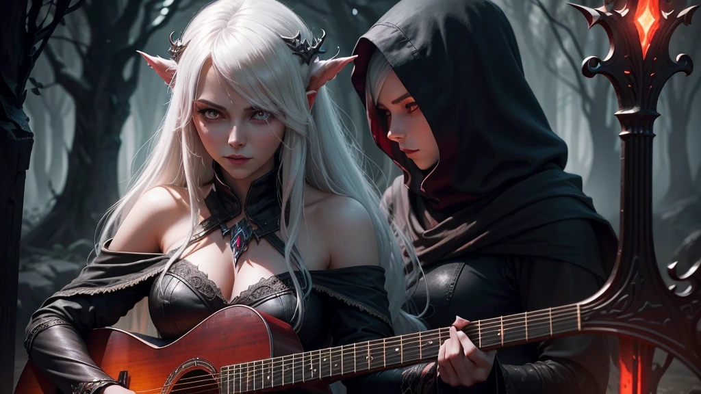 Sylvanas Windrunner, the legendary leader of the Forsaken, sits on a dark wooden throne, surrounded by an aura of mystery and magic. In her hands, she holds a vibrant red guitar, its strings seemingly pulsing with unearthly energy. Her eyes, burning with an otherworldly intensity, stare directly at the viewer, as if daring them to come closer. Her long, white hair falls over her shoulders, framing her pale, ethereal face. Her lips, painted a deep red, curve in an enigmatic smile, as if guarding secrets known only to her. The guitar, which appears to have been created by magical hands, emits an intense red light that illuminates the environment around it. The strings vibrate with an energy that seems almost palpable, as if they are alive and responding to Sylvanas’ touch. In the background, a dark and mysterious mist spreads, as if the night itself is closing in around Sylvanas. The atmosphere is charged with tension and anticipation, as if something is about to happen.
The image is a mix of shadows and light, of mystery and magic, capturing the essence of Sylvanas Windrunner as an enigmatic and powerful creature.