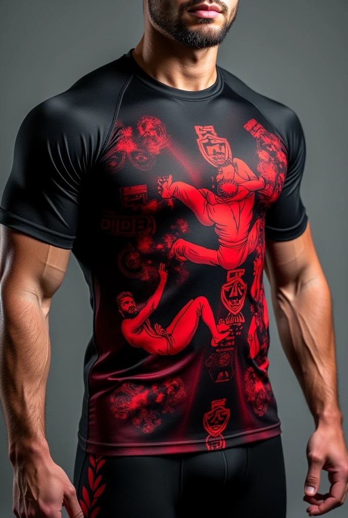 gym shirt with red and black judo and jiu jitsu images