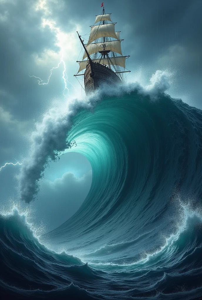 a giant wave in a storm, with a pirate ship on the wave, for a pirate game logo
