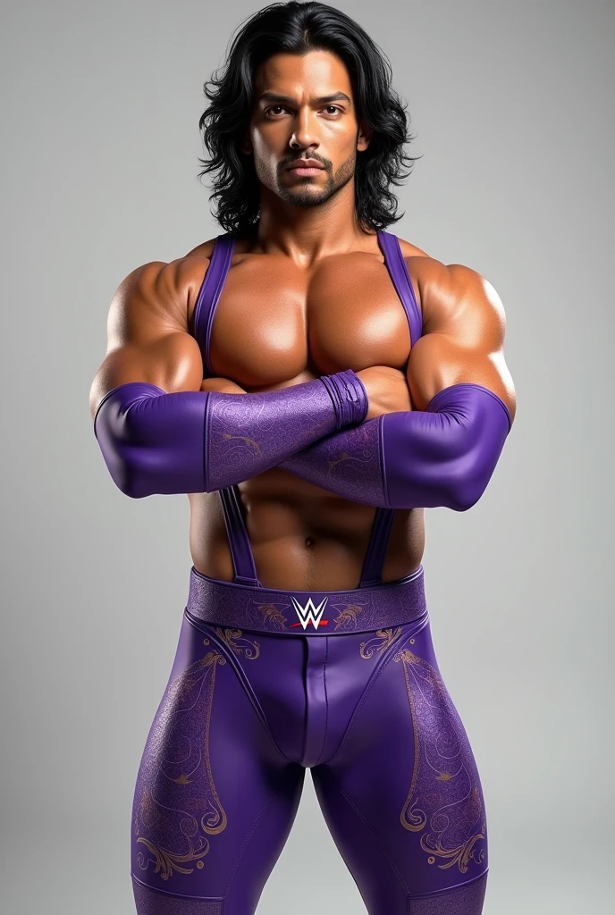 A guy with black medium hair with layers, tan skin color, and looking straight and generate the image from head to hips and make him look like bruno mars from the please me video and make him stand and make him cross his arms and make him look focused and make the image like a wwe 2k24 wrestler png and make him wear something similar to rhea ripley’s gear like all the purple stuff and her logos things like that