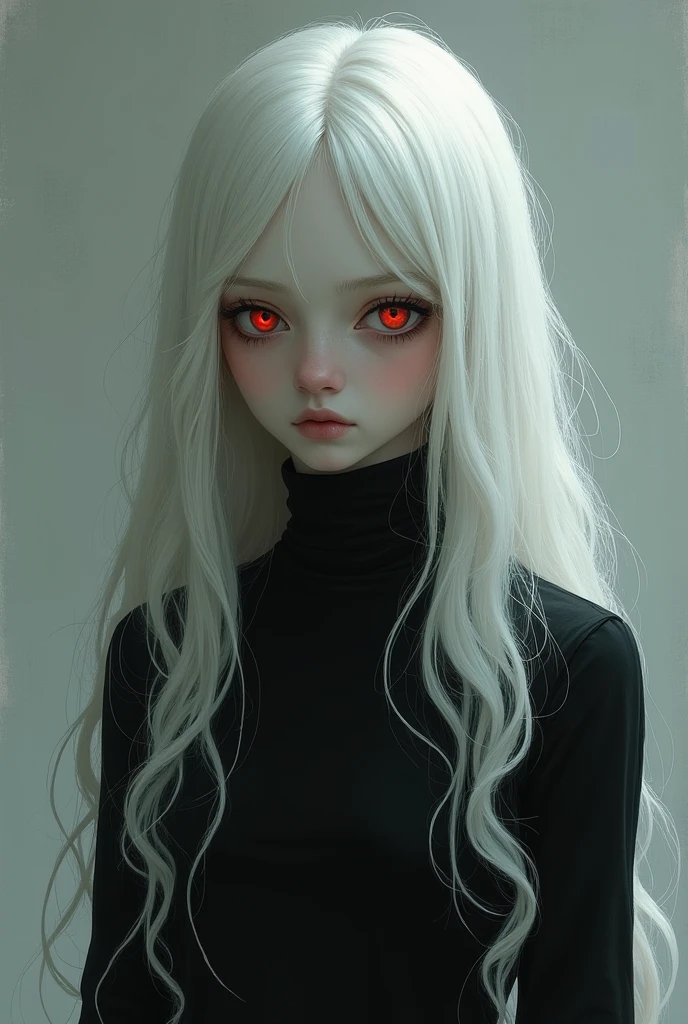 a girl with long white hair, Her skin is pale white and she has red eyes.,She is dressed in black, has a serious expression. semirealism