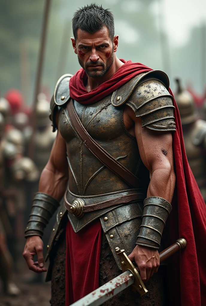 ((masterpiece, highest quality, Highest image quality, High resolution, Raw photo, 8K)), ((Extremely detailed CG unified 8k wallpaper)), (huge stunning warrior shot, full body, musclural body beauty:1.4), Posing for the camera, In a warrior fighting stance, a stern look, in a ready stance, Blood, sweat and mud, Build: Tall and muscular, showing signs of fatigue but still exuding strength and determination.
Facial Features: Sharp, aquiline nose with a few fresh cuts and bruises. His piercing brown eyes are intense, reflecting both exhaustion and unwavering resolve.
Hair: Short and dark, now slightly disheveled from the chaos of battle.
Scars and Mud: His face and exposed arms are smeared with mud and blood, with visible scars from recent and past battles, highlighting his experience and resilience.
Clothing: His bronze cuirass is dented and scratched, bearing the marks of combat. His red military cloak is torn and stained with dirt and blood, hanging loosely off his shoulder.

Signature Pose:

Stance: Standing firmly, slightly hunched from the weight of the battle, but still strong and unyielding.
Right Hand: Gripping the hilt of his sword, which is sheathed but still bloodied from the fight, symbolizing readiness and survival.
Left Hand: Raised slightly as if signaling to his troops to regroup, with a steady and determined gesture.
Expression: A grim, focused look, with his mouth set in a hard line. His eyes convey both the toll of battle and the unbreakable spirit of a seasoned warrior., photorealistic, 16k, 8k, 4K, award winning