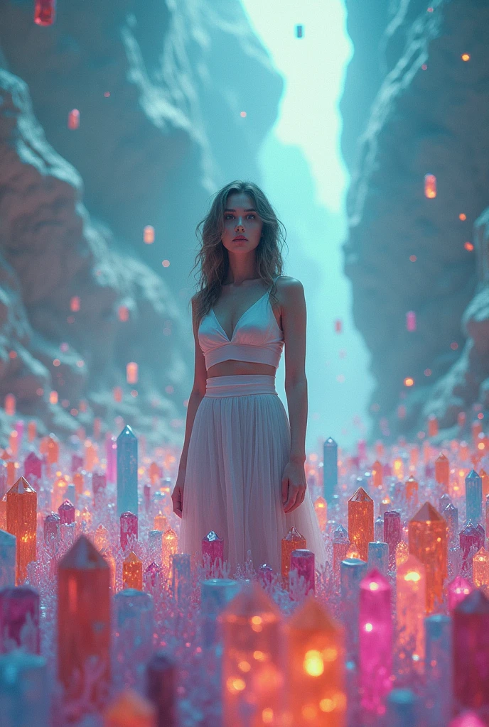 A surreal uncommon landscape, colorful and dreamlike, 1girl standing in a field of floating crystals, detailed face and eyes, ethereal atmosphere, vivid colors, dramatic lighting, intricate details, cinematic composition, award-winning digital art, hyper-detailed, photorealistic, masterpiece