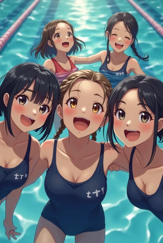Highest quality、High resolution、Detailed Background、(Beautiful face in every detail:1.4)、Anatomically correct、(Normal number of fingers:1.2)、Highly detailed face、(Detailed eyes:1.4)、Teenage beauty、(Huge breasts:1.2)、Perfect body line、Bobcut、Braided Ponytail、cute髪型、A big smile、In a joking manner、smile、School swimming pool、Navy school swimsuit、無邪気なsmile、Laughing with your mouth open、cute仕草、
(Five girls in school swimsuits taken from below in close-up:1.5)、(Five girls taken from below in close-up:1.5)、
Close up from below、Looking at me with a happy smile、Swimsuit that glows when wet、My whole body is wet、My hair is wet too、cute