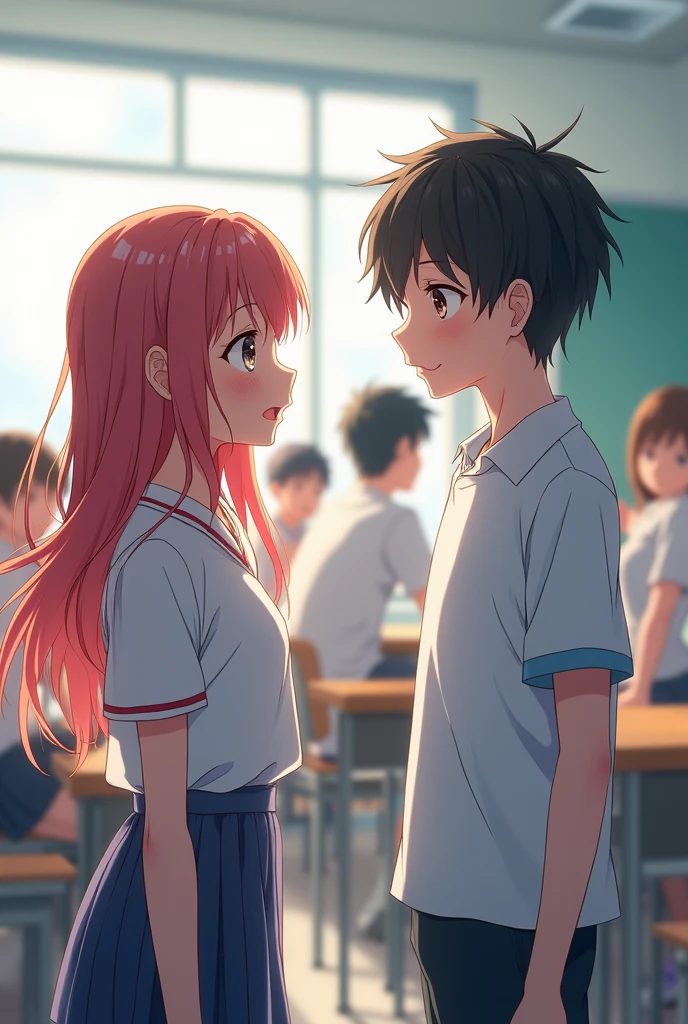Anime girl talking to a boy in front and standing with other students sitting in the background