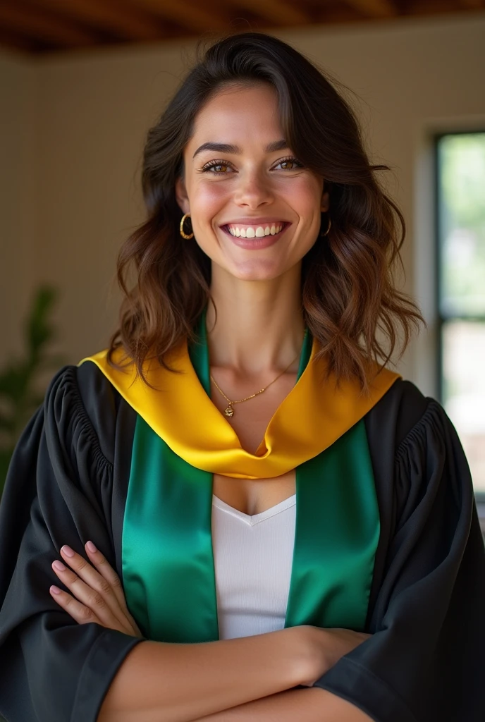 A Brazilian woman, light brunette, brown eyes and hair, wearing psychology graduation outfit,  showing off your natural charm and outgoing personality.