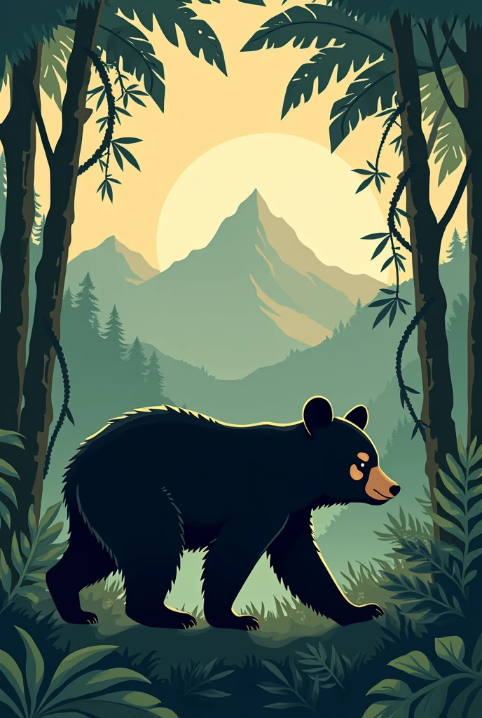 Logo of a small black bear with lead spots on its eyes walking in the jungle with mountains in the background in the shape of a sleeping woman lying in profile