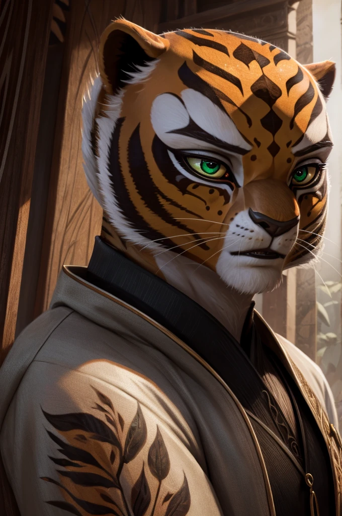 a furry tigress with green eyes, spotted fur (mostly black) with some orange stripes or spots, white hair, wearing a gray jacket and black pants, beautiful detailed eyes,beautiful detailed lips,extremely detailed eyes and face,longeyelashes,illustration,digital painting,concept art,photorealistic,8k,highres,masterpiece,ultra-detailed,realistic,vivid colors,dramatic lighting,cinematic,fantasy