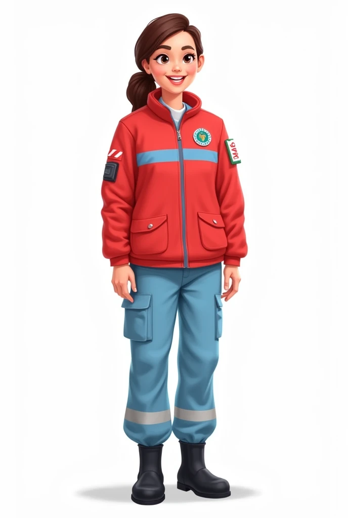 Cartoon image of a nurse in a pre-hospital care uniform consisting of : Red loose jacket that has a light blue stripe on the chest and on the right side of the chest it says SAMU, Loose light blue trousers with reflective stripes on the hem, black safety boots. the image without background