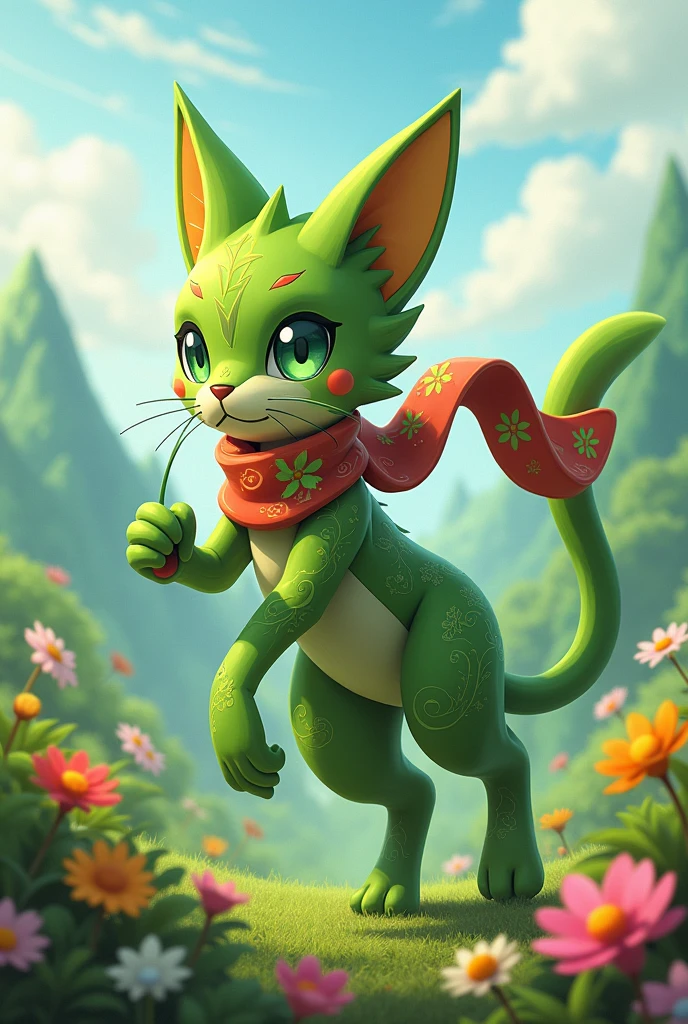 Floragato, Pokemon, grass,paldea region,yoyo,cat,scarf