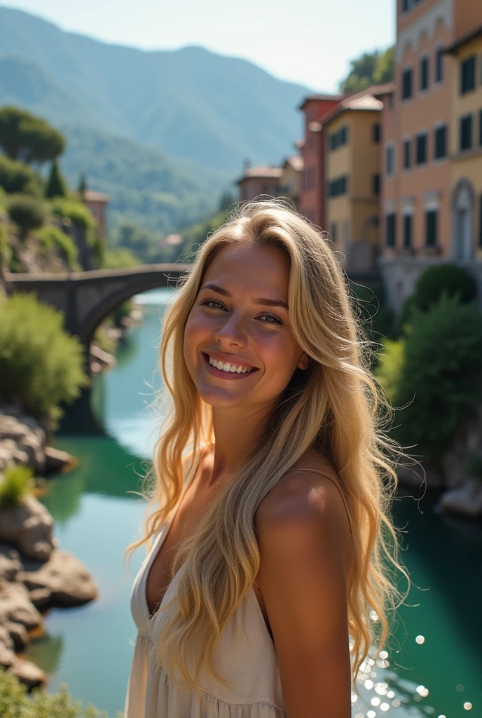 photo hyperréaliste Une photo du corps entier d&#39;une belle femme aux longs cheveux, Cheveux blonds Un sourire sur les lèvres Le petit pont de pierre au-dessus de la rivière en Valsesia, L'Italie est faite de rochers noirs et blancs avec une végétation verte des deux côtés. À l'arrière-plan, il y a une autre ville entourée d'arbres et de bâtiments. Vue aérienne à angle élevé, point de vue du drone, Style de photographie réel, super haute définition. L'arrière-plan présente un ciel bleu clair et des paysages naturels La photo en pied était réaliste, détaillé. photographie ultra-réaliste capturée, Qualité haute résolution ,détaillé face, 8k