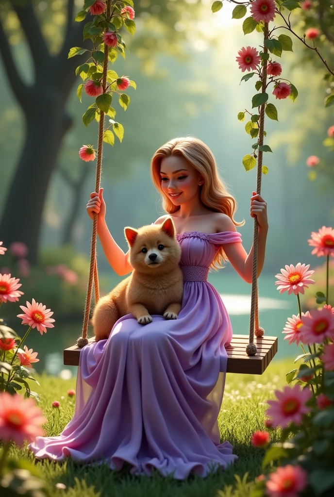 3D sexy woman on a garden. Wearing a fluffy purple dress and sitting on a swing being so happy and holding a dog 
