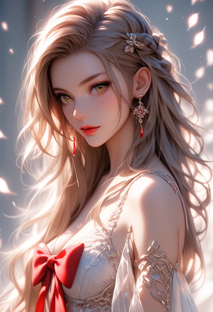 10 years of life, chestnut hair, skin fair, realisitic, with long hair tied in a red bow, lightbrown eyes, redgown, 8k image, realisitic human skin, real child image,