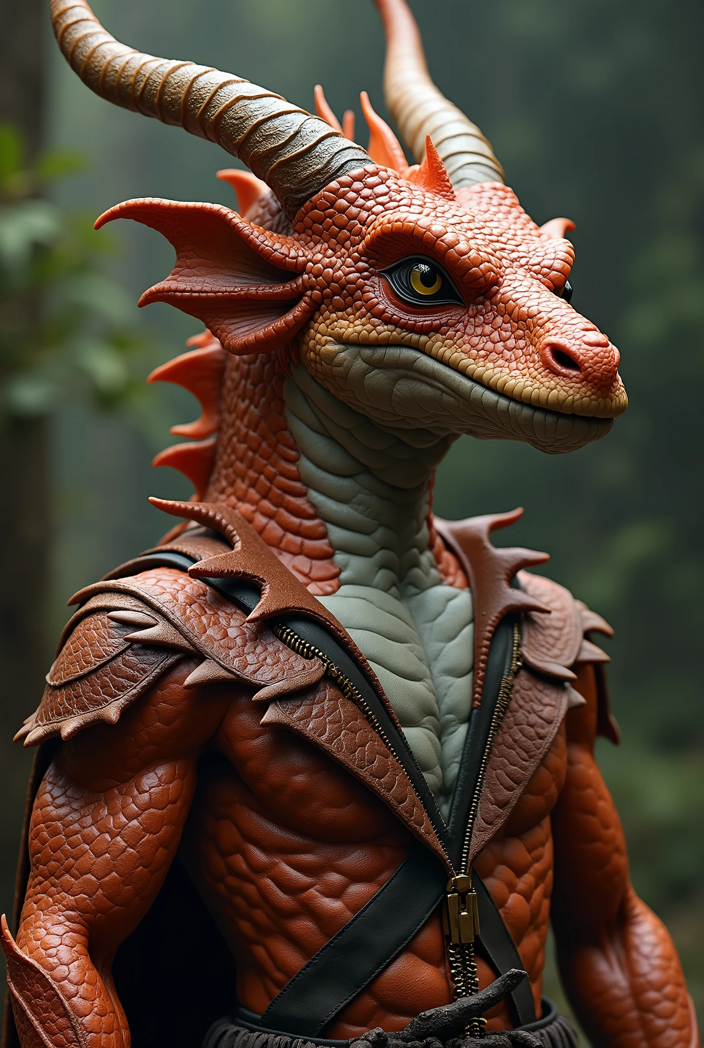 Create an image of a person, tamed dragon in animal skin clothing