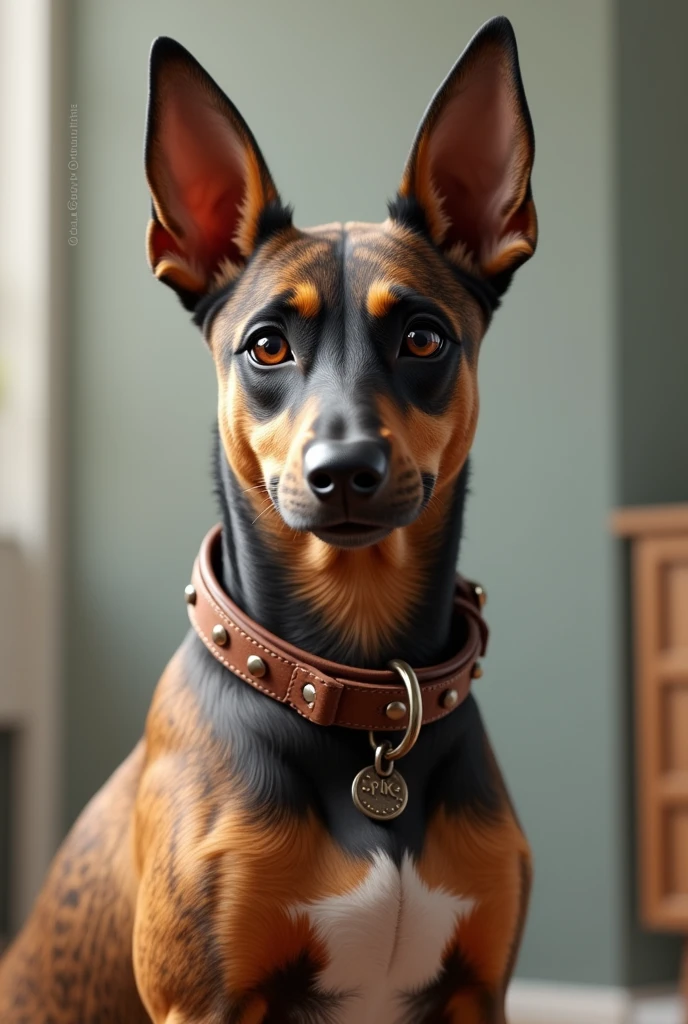 A pincher dog with a collar with its name on it, Spike