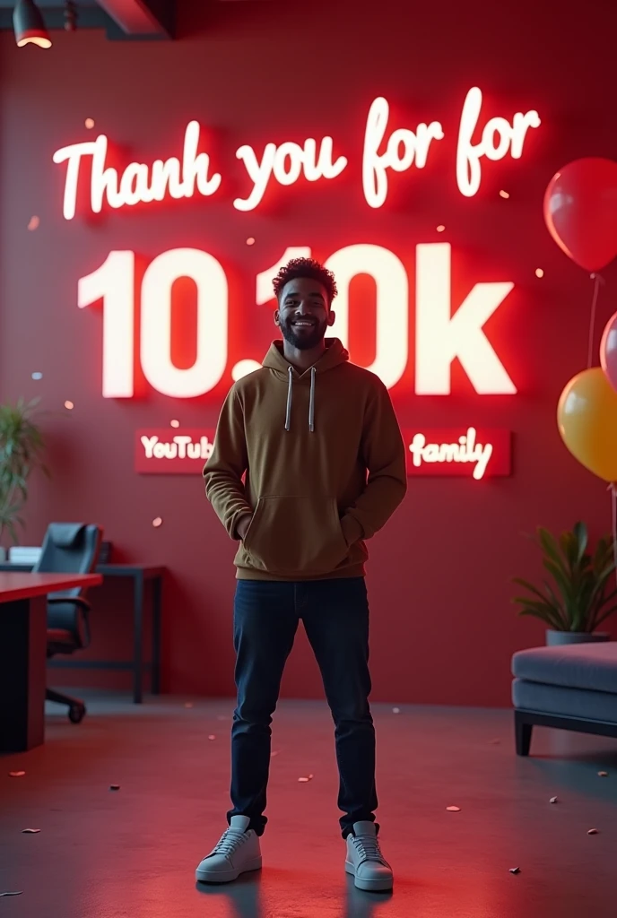 \imagine, youtube 10 k subscriber complete with celebrate, Thank you for 10k YouTube family will be written on the back wall and youtube logo. Man