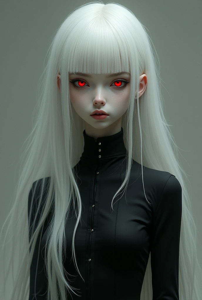 a girl with long white hair, Her skin is pale white and she has red eyes.,She is dressed in black, has a serious expression. semirealism