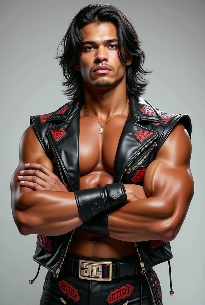 A guy with black medium hair with layers, tan skin color, and looking straight and generate the image from head to hips and make him look like bruno mars from the please me video and make him stand and make him cross his arms and make him look focused and make the image like a wwe 2k24 wrestler png and make him wear something similar to rhea ripley’s gear like her logos things like that