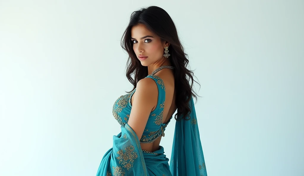 beautiful and sexy naked woman, age 20, Huge , hairy pussy, clitoris, wore stylish and design sea Blue colour saree ,clevage, hot and sexy printed blouse, white background ,model pose, beautiful body, masterpiece, ultra realistic,detailed,16k , potrait ,Film type light, camera angle front, looking at viewer