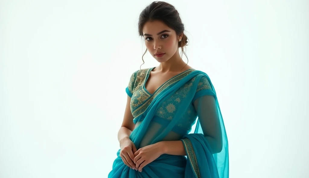 beautiful and sexy naked woman, age 20, Huge , hairy pussy, clitoris, wore stylish and design sea Blue colour saree ,clevage, hot and sexy printed blouse, white background ,model pose, beautiful body, masterpiece, ultra realistic,detailed,16k , potrait ,Film type light, camera angle front, looking at viewer