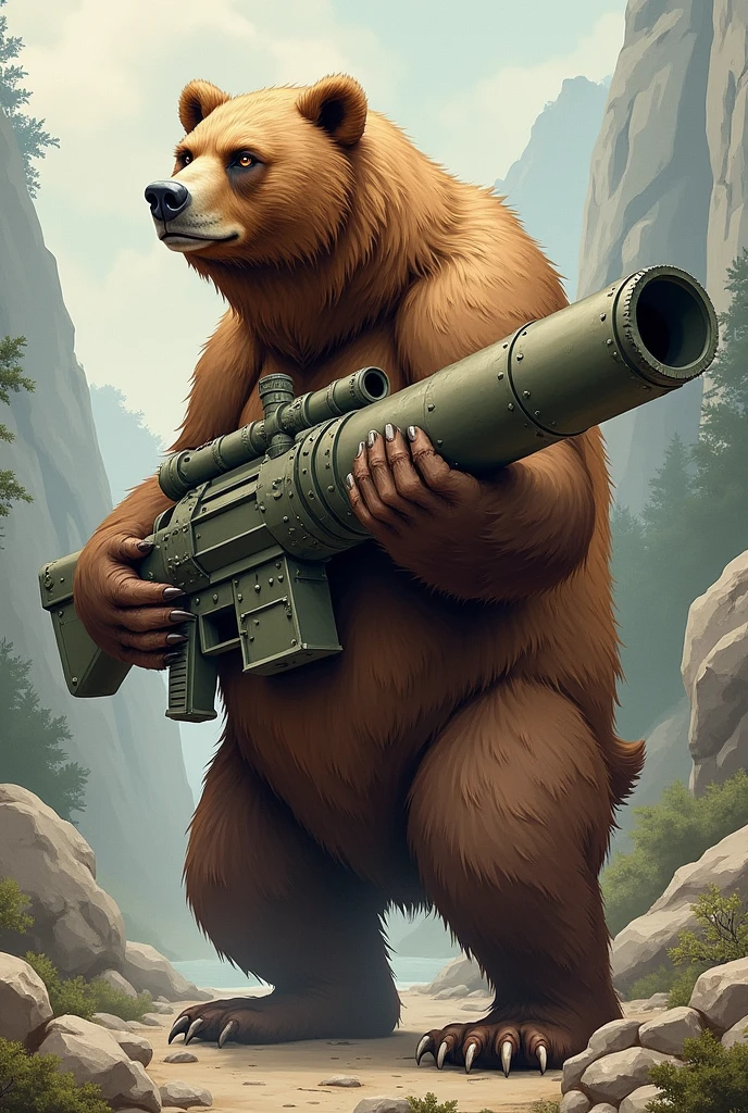 A drawn bear with a basuka on the shoulder