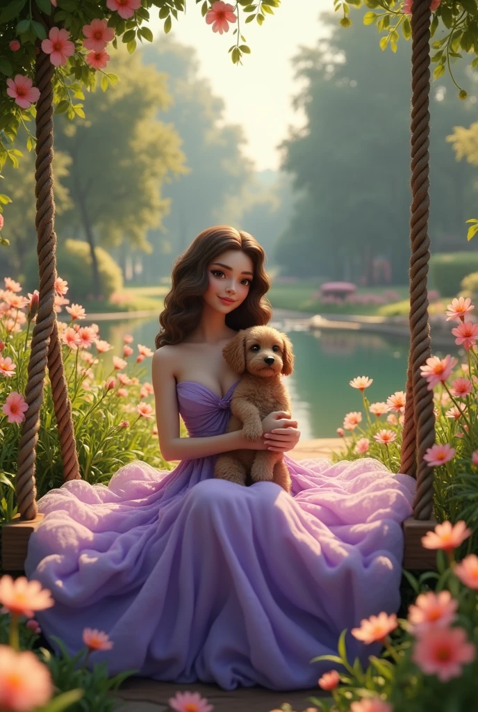 3D sexy woman on a garden. Wearing a fluffy purple dress and sitting on a swing being so happy and holding a dog