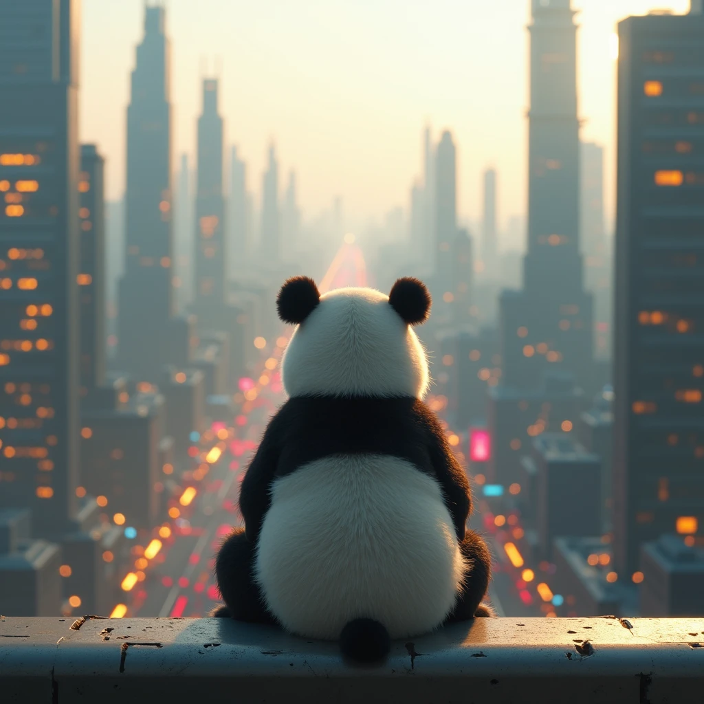 Highest quality、A futuristic city enveloped in golden neon lights、Watching from on high、Morning view、8k、Fluffy, Panda's soft back