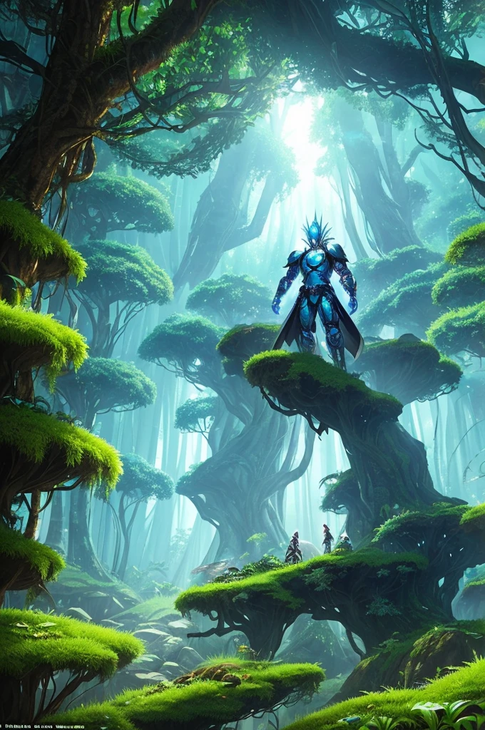 ultra-fine digital painting of a shape-shifting entity that adapts to the environments of a jungle planet with levitating cyberpunkai flora, super detaill, Ultra-realism, volumetric lighting. inside this forest Create of an Asian man, slicked black hair, Youngh, stark, closed. uma imagem no estilo dos Knights of the Zodiac(Knights of the Zodiac) leave the male armor white, some light blue parts .a modern and cyberpunk look. He is coming out of the mouth of a cave full of white and blue crystals in the middle of the forest.. cyber punk, Steampunk, Splatterpunk