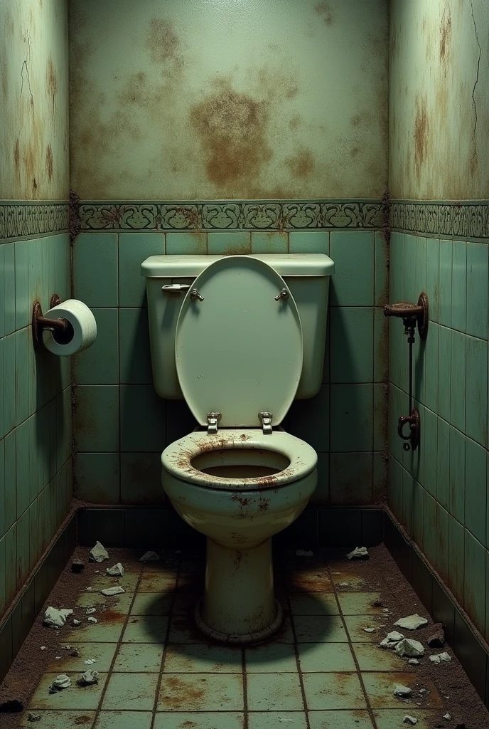 Make a picture of a dirty bathroom and a centralized toilet