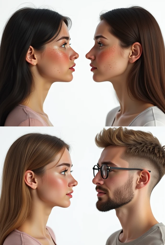 (photorealism:1.5)profile of a beautiful young woman with dark brown hair, curtain bangs hair, green eyes, and a lot of freckles. another profile of a young woman with brown hair, brown eyes and some freckles. another profile of a young pretty woman with straight light blond hair, blue eyes and glasses. The last profile is of a 20 year old masculine chubby man with short kind of buzzcut dark blond hair, blue eyes, glasses and a beard. faces are looking into the camera, smaller and loosely arranged on a white background